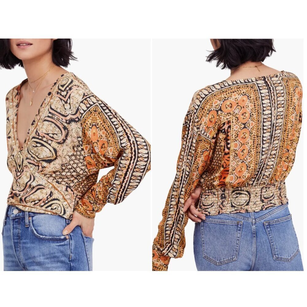 Free People Wild & Free Black Combo Blouse Size S